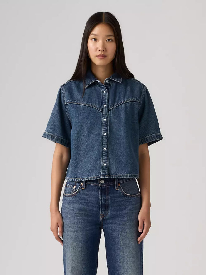  levi's® logan 短袖牛仔襯衫 | 女裝   005CR0003XS- Dark Indigo  – Levi's 香港