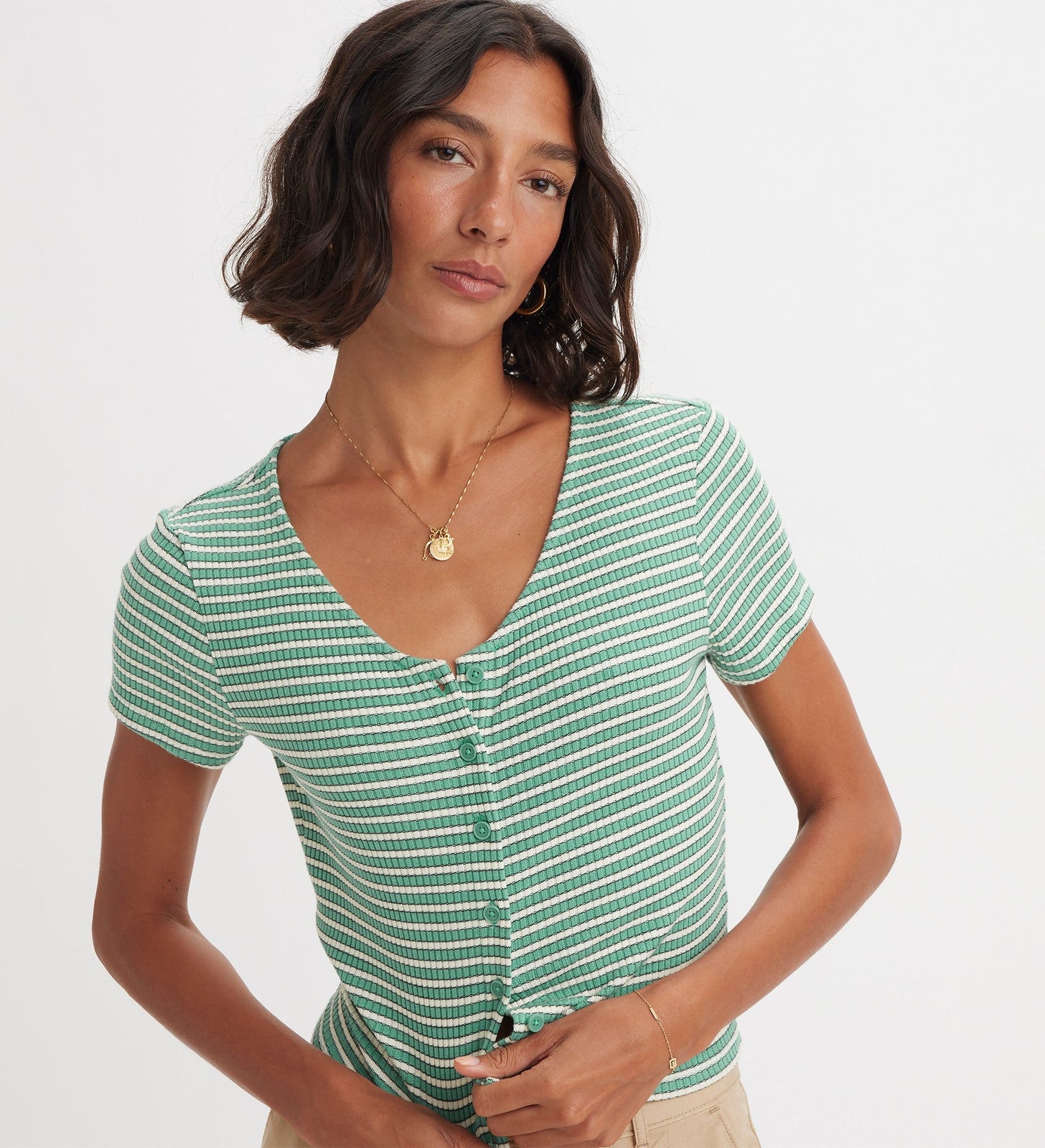 levi's® monica 短袖 t 恤| 女裝 A71820003XS- Penny Stripe Beryl Green – Levi's 香港